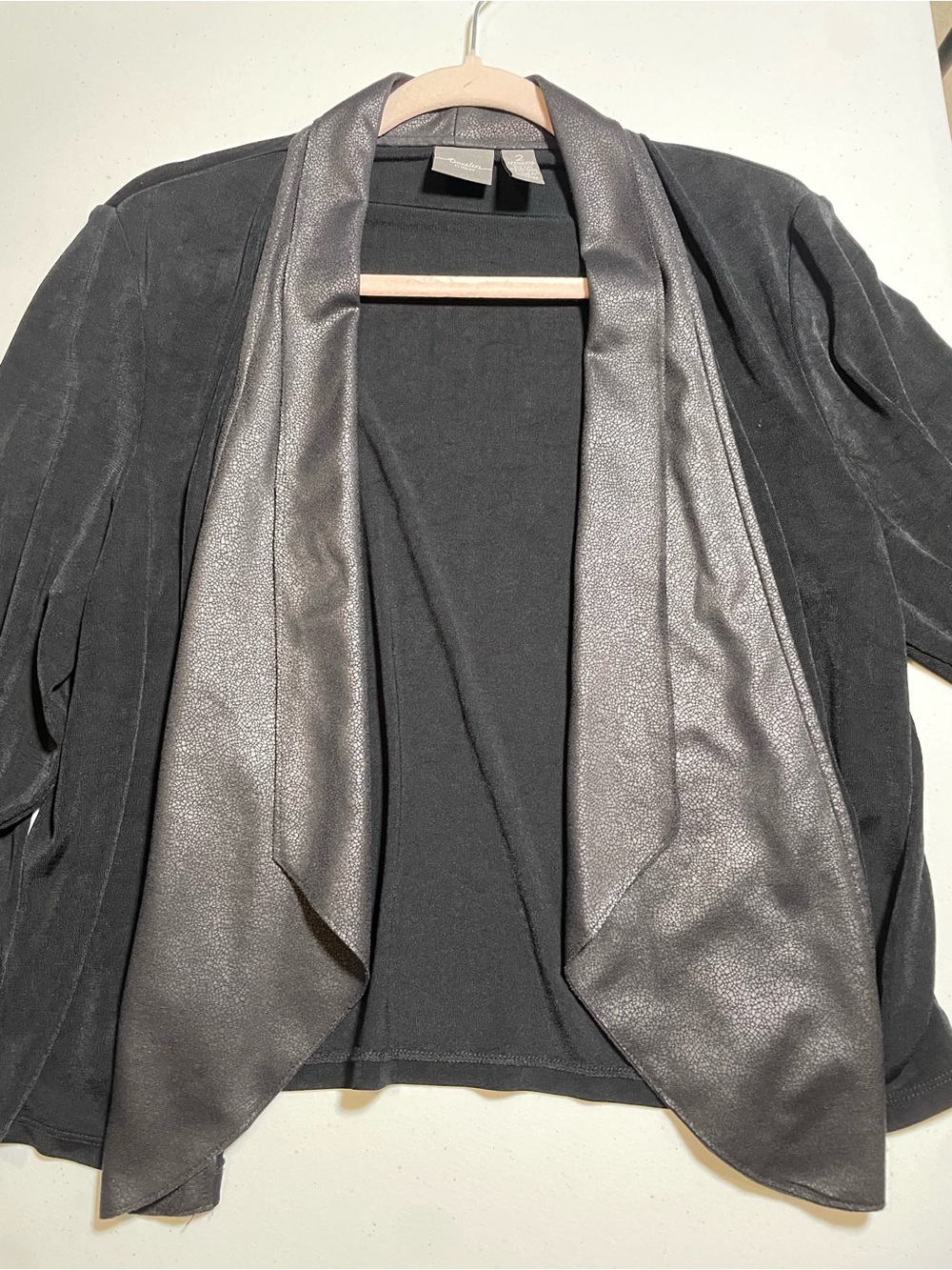 Chicos Travelers Jacket Black Faux Leather Draped Open Front 3/4 sleeve. Size 12 - Picture 4 of 9